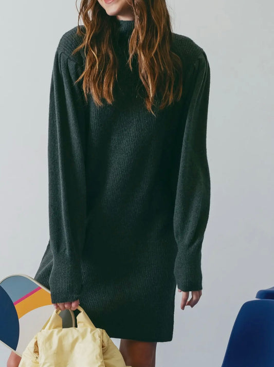 Solid Mock Neck Knitted Sweater Dress
