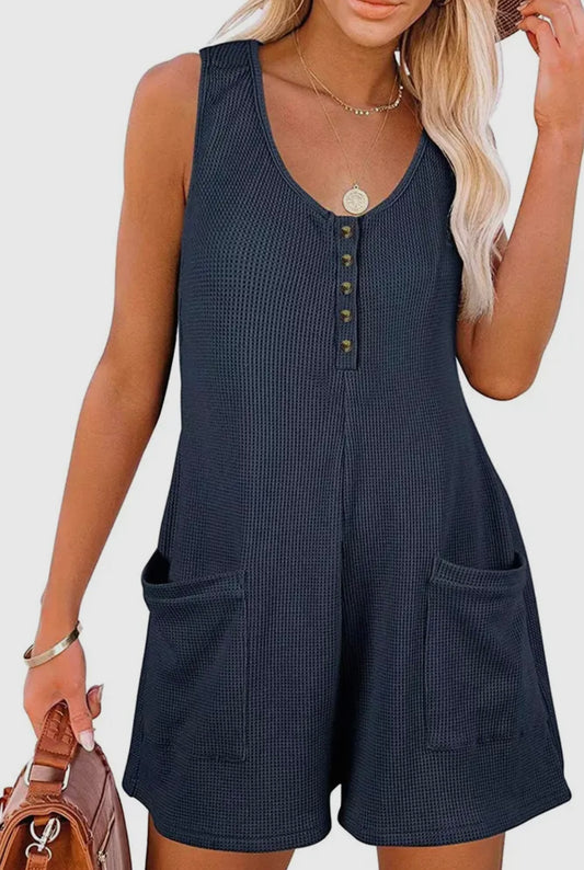 Sleeve Button Waffle Romper