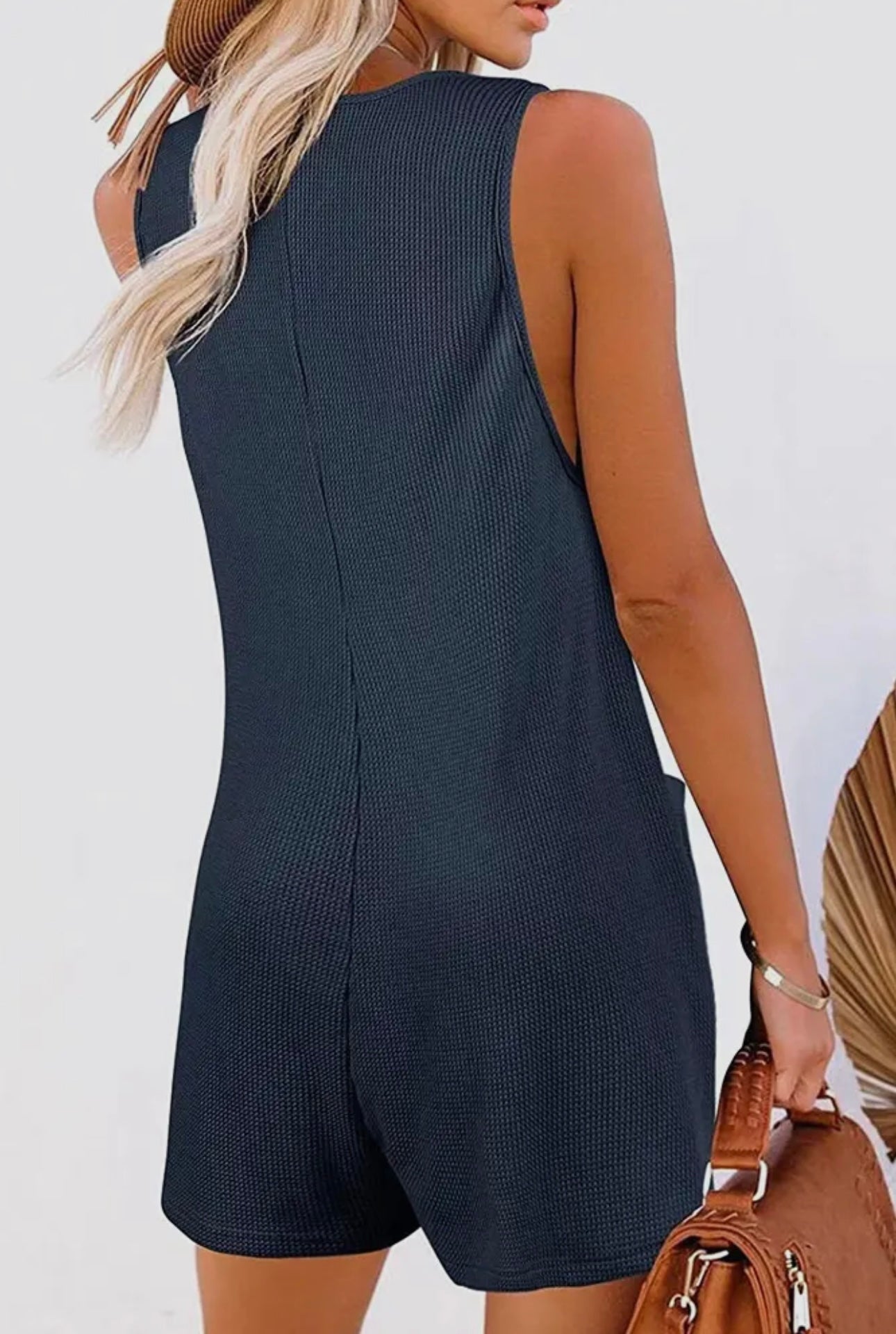 Sleeve Button Waffle Romper