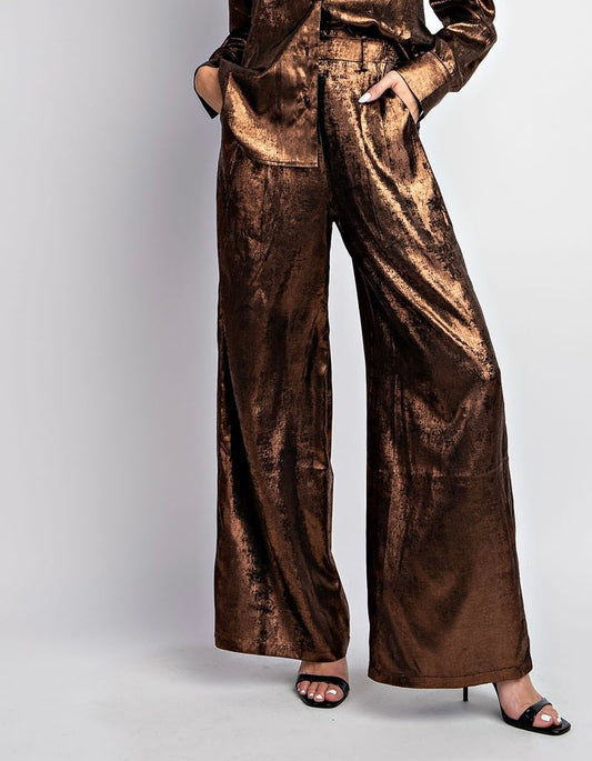 Shimmer Woven Long Wide Leg Pant with Pleat